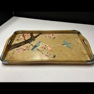 Wooden Decorative Serving Tray with Hand-Painted Blue Birds and Pink Blossoms